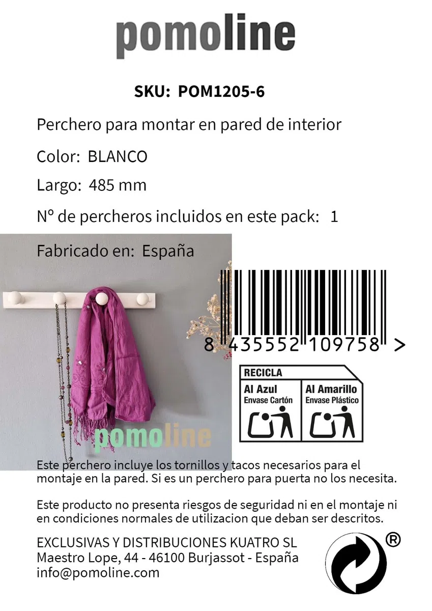 PERCHA Pared 4 Pomos madera pino lacado blanca 485 X 50 X 72 MM