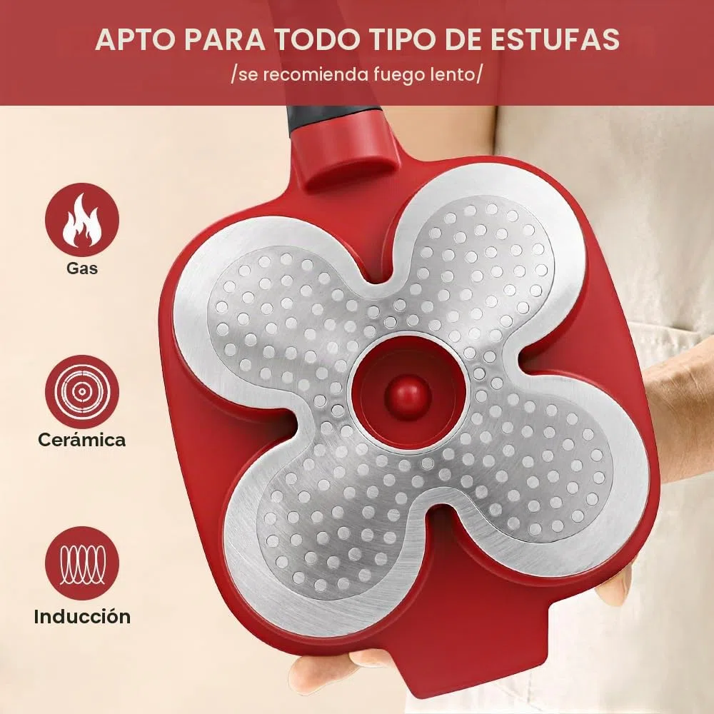 RANX INGST Sartén Tortitas con Mango Extraíble, Sarten Tortilla Inducción 4 Agujeros, Sartén Huevos Poche Antiadherente