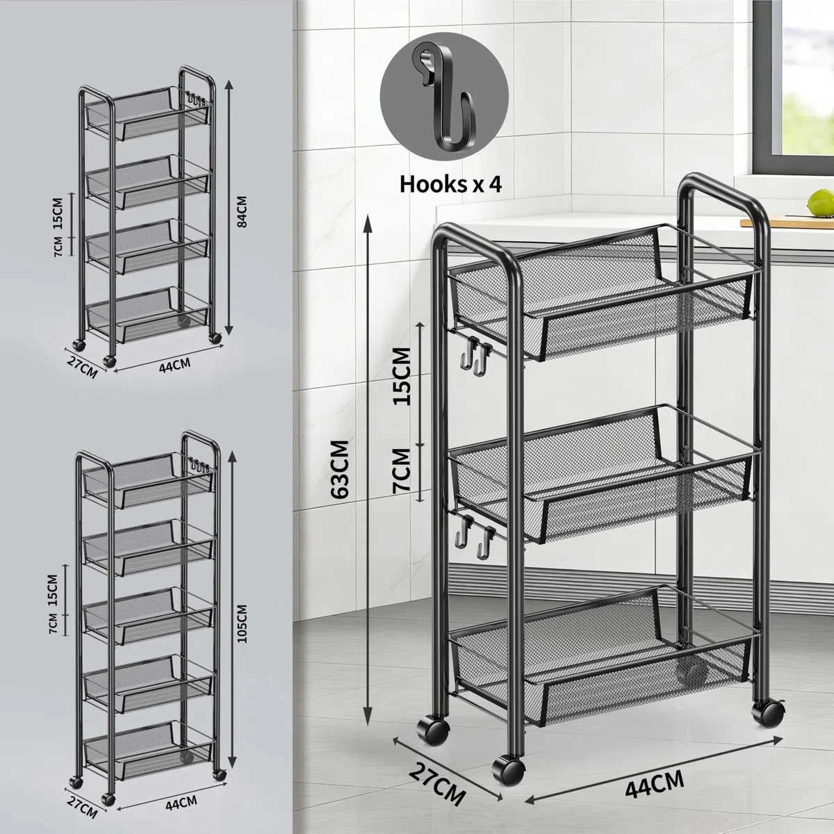 Carrito Auxiliar con Ruedas,Carro Cocina Metálica 3/4/5 Niveles, Carro de Servicios para Salón Baño Dormitorio Oficina,Carrito Auxiliar Multiusos (Negro, 3 Niveles)