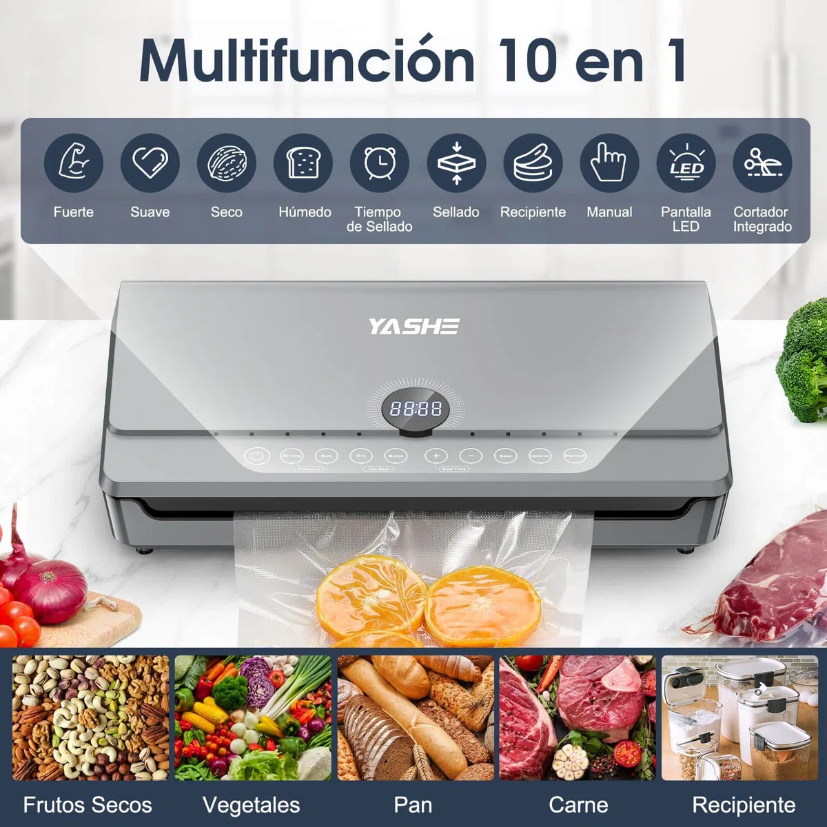 YASHE Envasadora al Vacio 80KPA con Tapa Magnética, 10 en 1 Doble Sellado y Doble Bomba Envasadora al Vacio Domestica, Almacenaje Integrado para Rollos, Incluye 1 Rollo de Bolsas