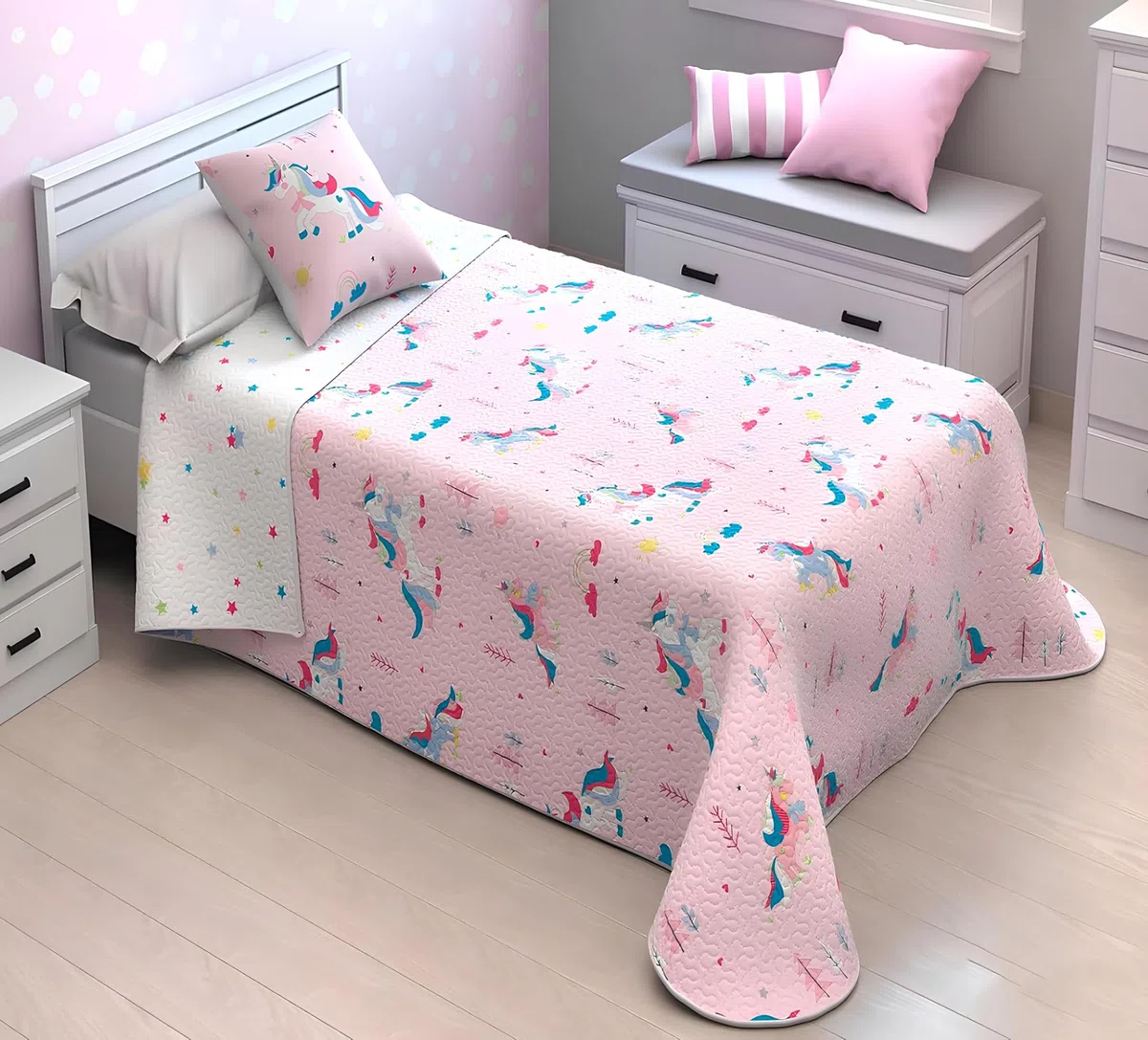 Kimbatex Colcha Bouti Infantil Reversible de Unicornios con Cojín, Microfibra Reversible,para Camas de 90cm y 105cm, Rosa. (Cama 105cm 200x260cm)