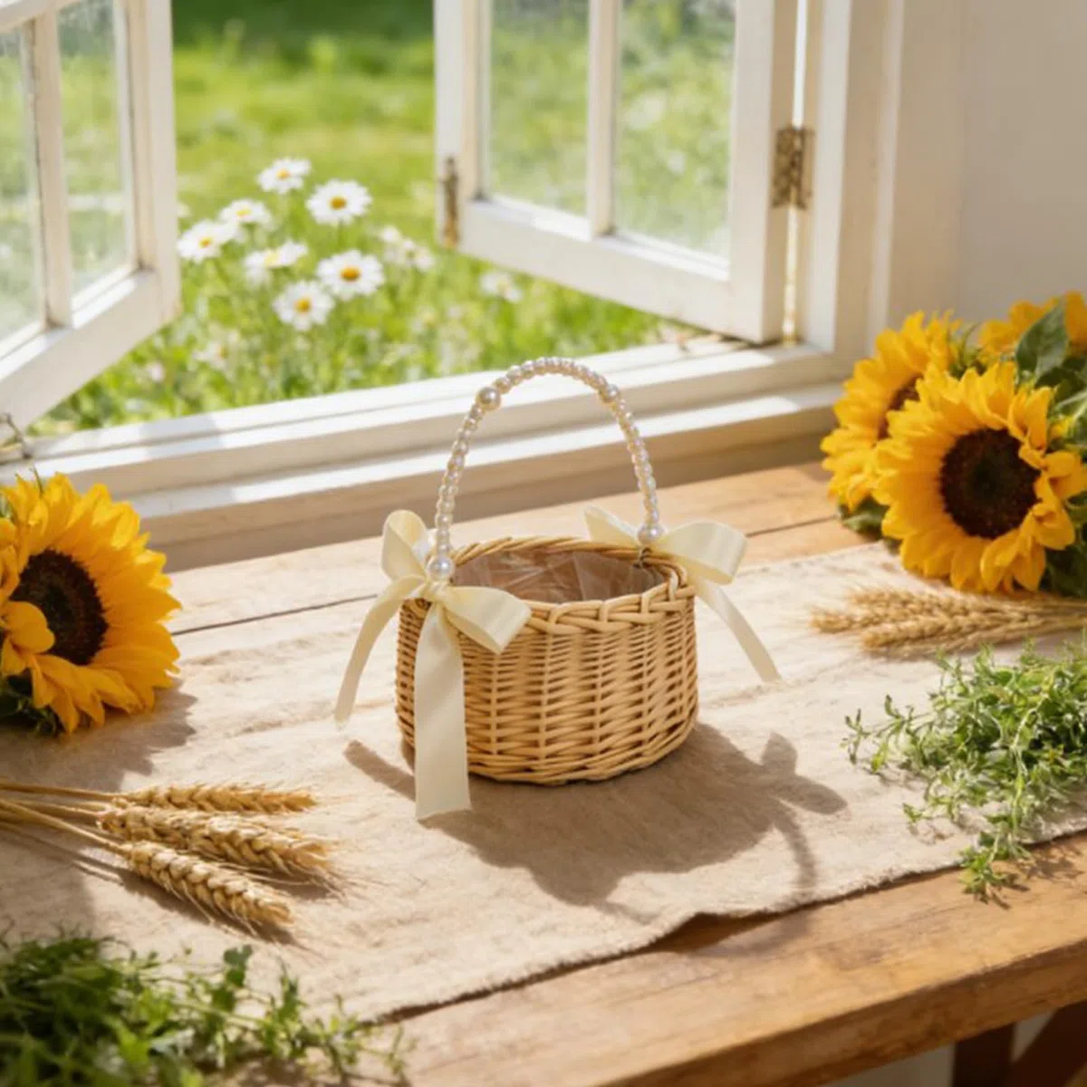 2 piezas de mimbre ratán niña cesta de flores con asa y lazo Cestas de flores para niña de l Cestas de mimbre para la boda cesta de dispersión (A)