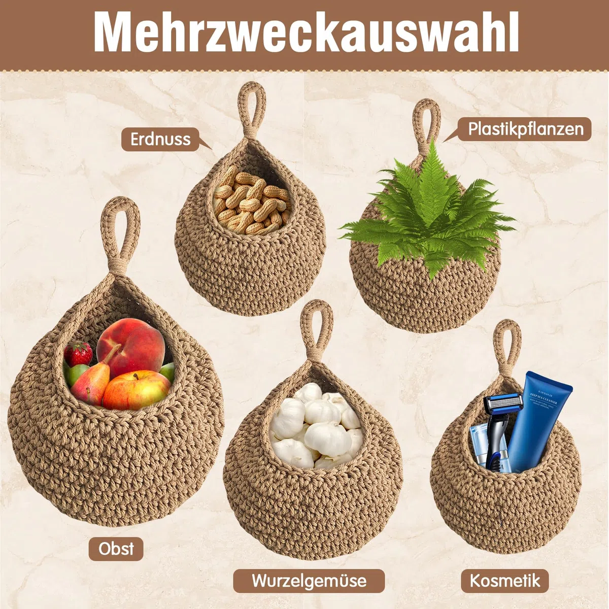 Cesta de frutas colgante trenzada, cesta de frutas colgante de pared con ganchos, tejida a mano, almacenamiento de cocina, cesta de pared, cesta de frutas, cesta de mimbre(S+M+L)