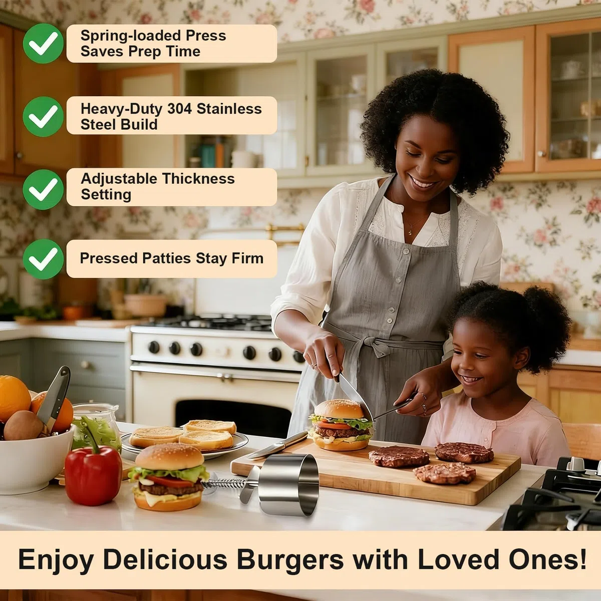 Aplastador de Hamburguesas & Kit Smash Burger de Acero Inoxidable, Calidad Alimentaria 304, Prensa Ajustable y Antiadherente, también como Sartén Mini para Hogar, Camping y BBQ