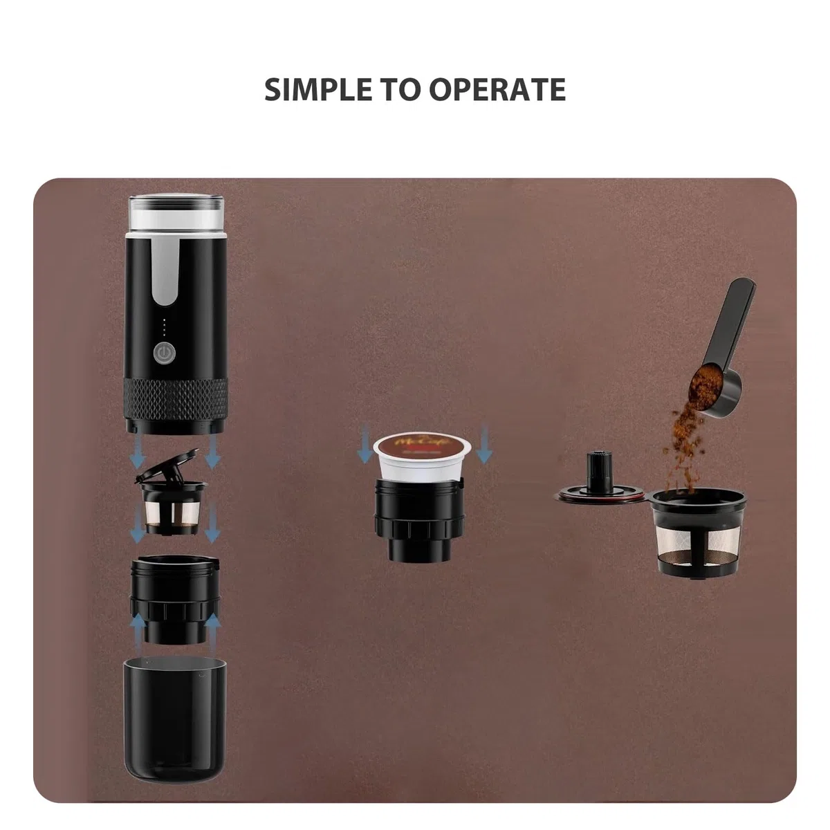 Fockety Cafetera Espresso Portátil, Cafetera de Viaje Compatible con Cápsulas K Cup y Café Molido, Batería 1200mah, Cafetera Monodosis para Camping RV Senderismo Oficina