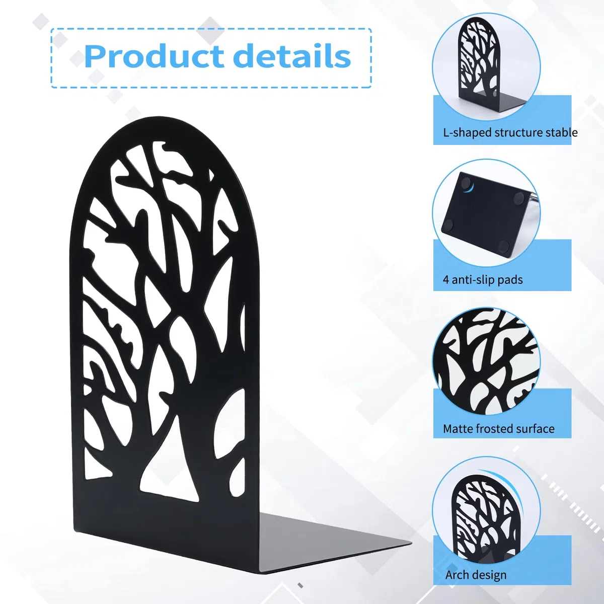 EOOUT Sujetalibros Decorativos para estantes, 5 Pares de Soportes de sujetalibros de árbol, topes de Metal Negro para Libros Pesados, Extremos de Libros Resistentes para el hogar, la Oficina y la