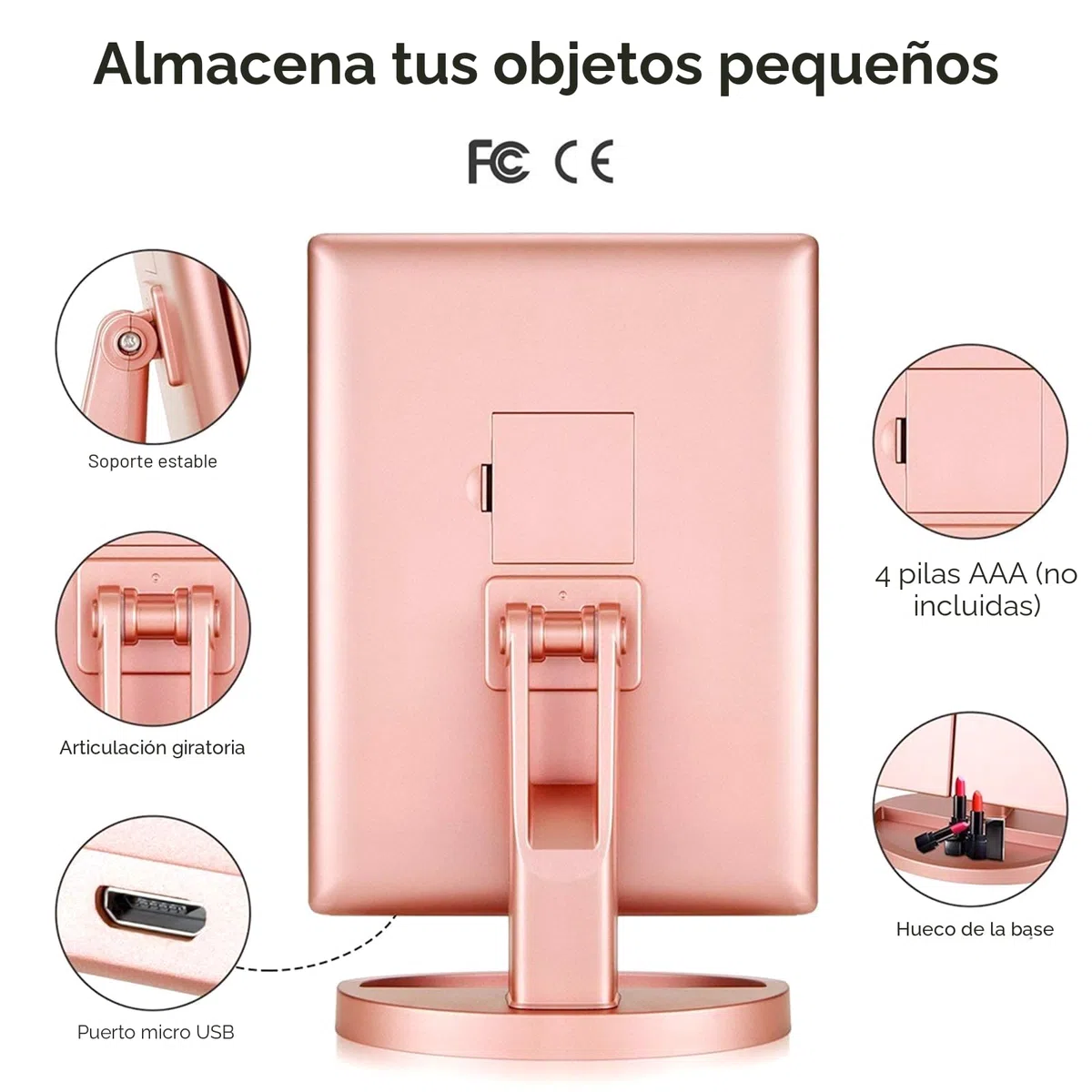 WEILY Espejo Maquillaje con Luz, Espejo Aumento con 1X/2X/3X, Espejo Led Plegable con 36 LED y Pantalla Táctil, Espejo de Mesa Soporte USB y Batería (Oro Rosa)