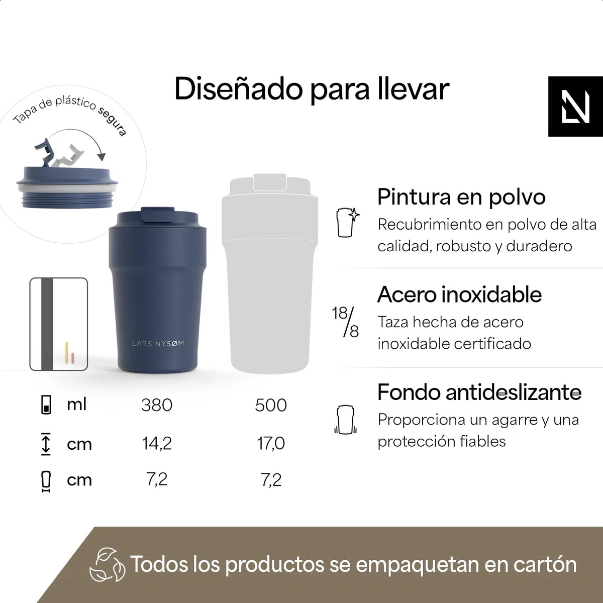 LARS NYSØM Taza térmica café para llevar 380ml | Travel Mug 0,38 L con aislante | Base de silicona antideslizante | Travel Mug de Acero Inoxidable para Café y Té (Midnight Blue - Powder, 380ml)