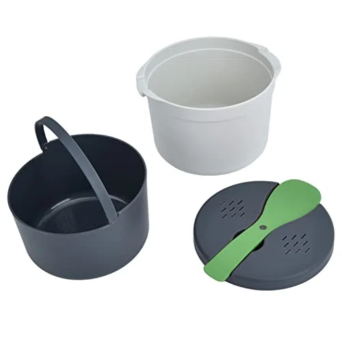 Juego de Olla Arrocera para Microondas de 2L, Material PP de Calidad Alimentaria, Colador de Tapa de Cuchara de Arroz, Olla Humeante para Todos los Tamaños de Microondas (GREEN)
