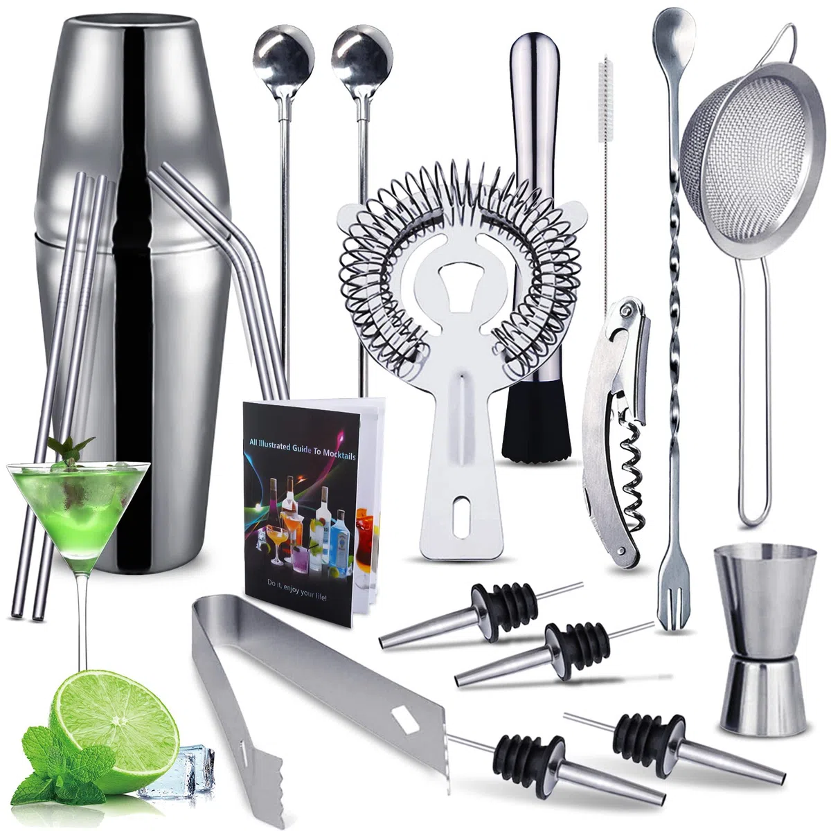 Purpledi Coctelera para Cócteles, 23 PiezasJuego de coctelera, 750ml Profesional para Cocteles de Acero Inoxidable, Set Cocteleria Kit de Camarero para Hogar, Bar, Fiesta, Elección (A)