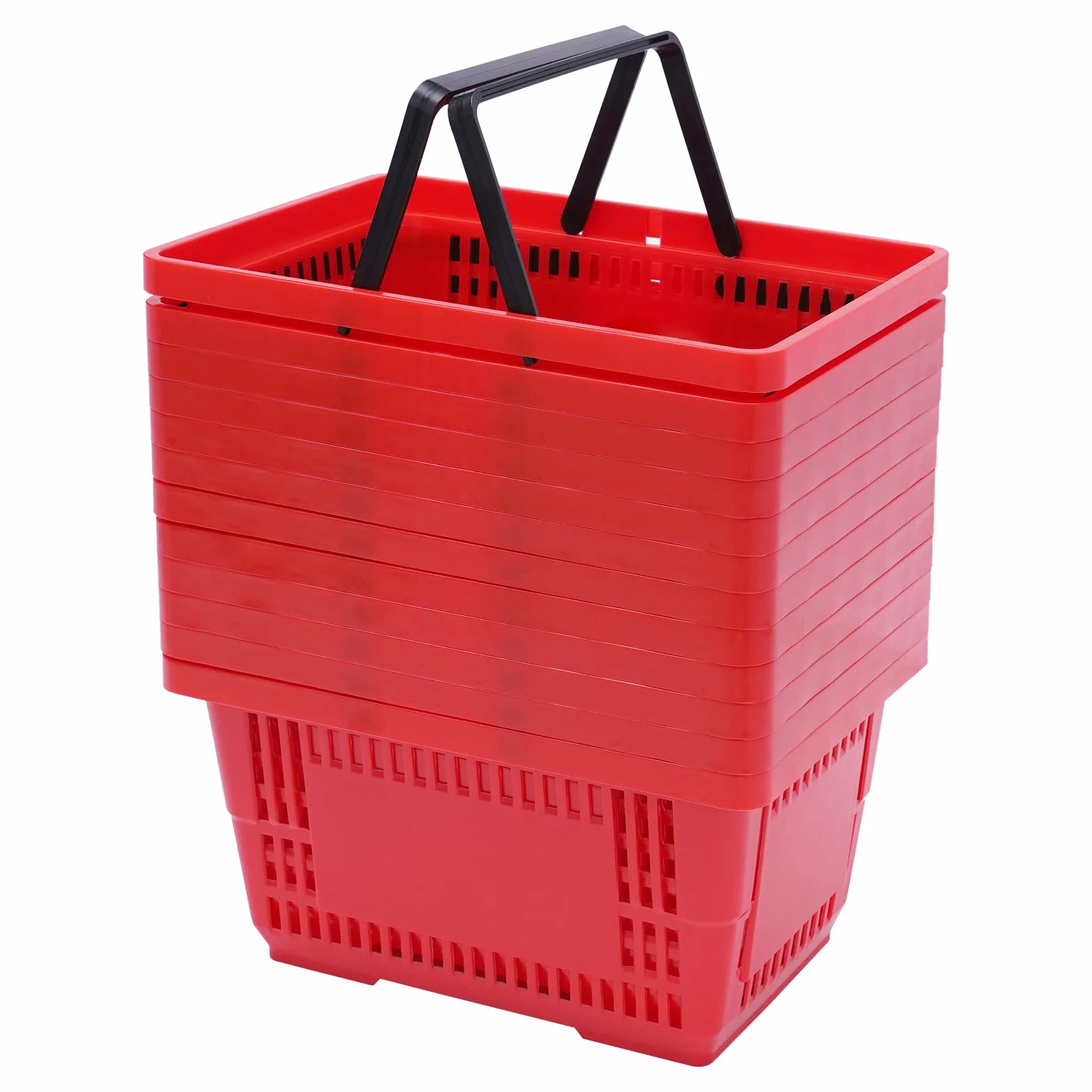 Cesta de la compra de plástico con asa, 12 unidades, 18 L, color rojo | Cesta de la compra apilable, cesta de la compra de supermercado, cesta de plástico portátil con asa, hasta 10 kg, color rojo