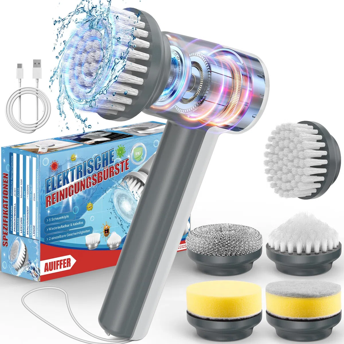 Cepillo de Limpieza Eléctrico Giratorio para Baño, Cepillo Limpiador Inalámbrico con 5 Cabezales, Carga Tipo C, Cepillo Eléctrico para Azulejos, Bañera, Juntas y Cocina, Limpieza Profunda sin Esfuerzo