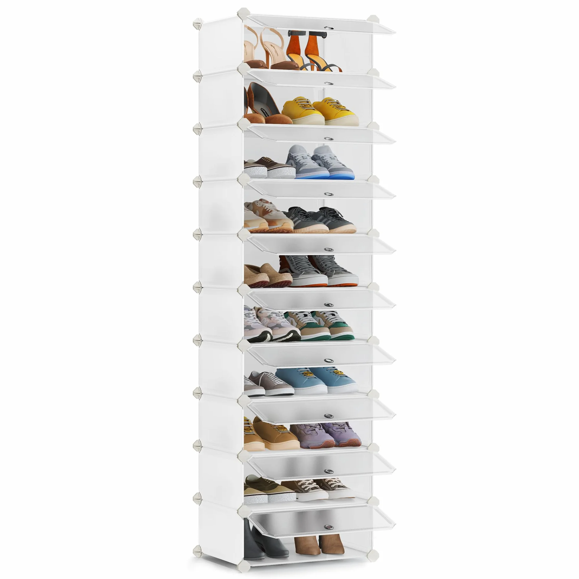 SONGMICS Zapatero Modular con 10 Compartimentos, Estantería Modular de Plástico, DIY, Zapatero con Puerta, con Martillo, Blanco LPC010WH01
