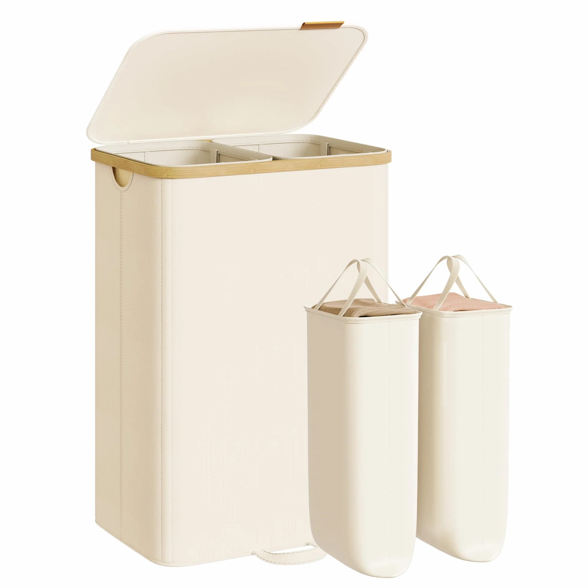 SONGMICS Cesto para la Colada con Tapa, Cesta para Ropa Sucia, Bolsas Interiores Extraíbles, Marco de Bambú, Lavandería Dormitorio, 2 Compartimentos, 150 L, Blanco Crema LCB532WD01