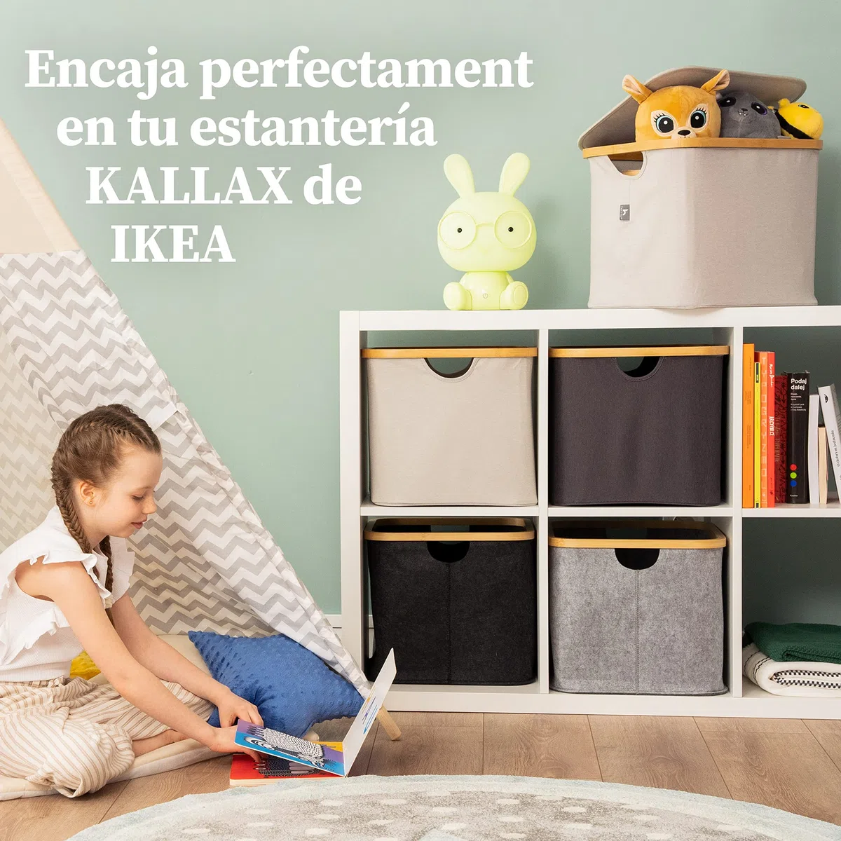 HENNEZ Caja Almacenaje con Tapa - Cestas Almacenaje 40L - Cesto Ropa Sucia - Cajas Almacenaje Decorativas para Estantería Kallax - Cajas de Almacenamiento Tela Bambú Cajas Organizadoras con Tapa Beige