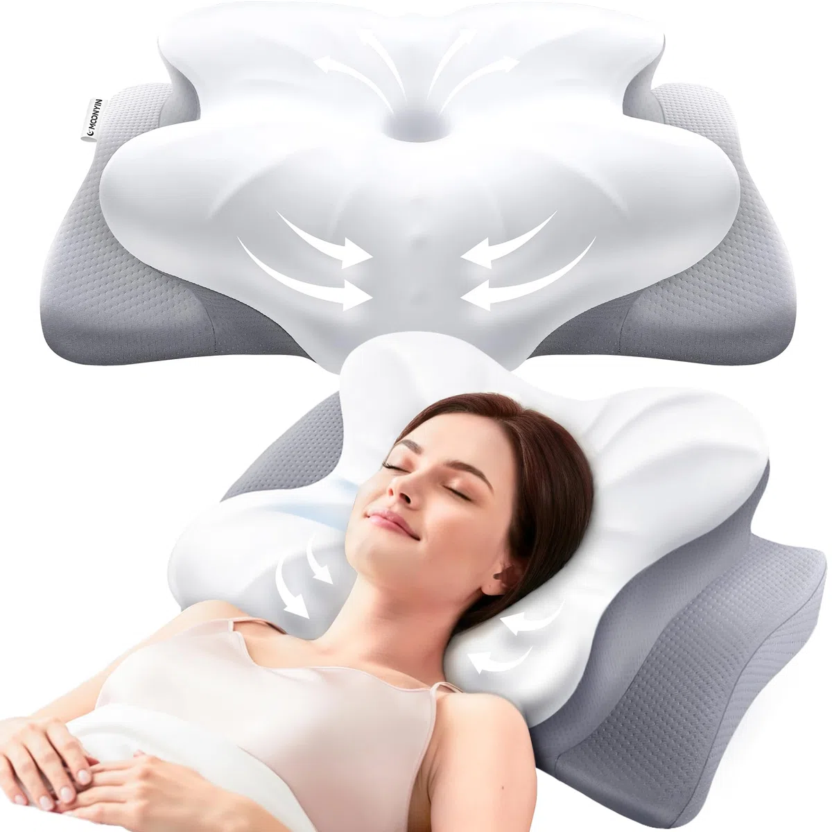 Almohada Cervicales y Cuello, Almohada Ergonómico Espuma de Memoria, Tecnología de Enfriamiento, Dormir de Lado, Espalda y Estómago
