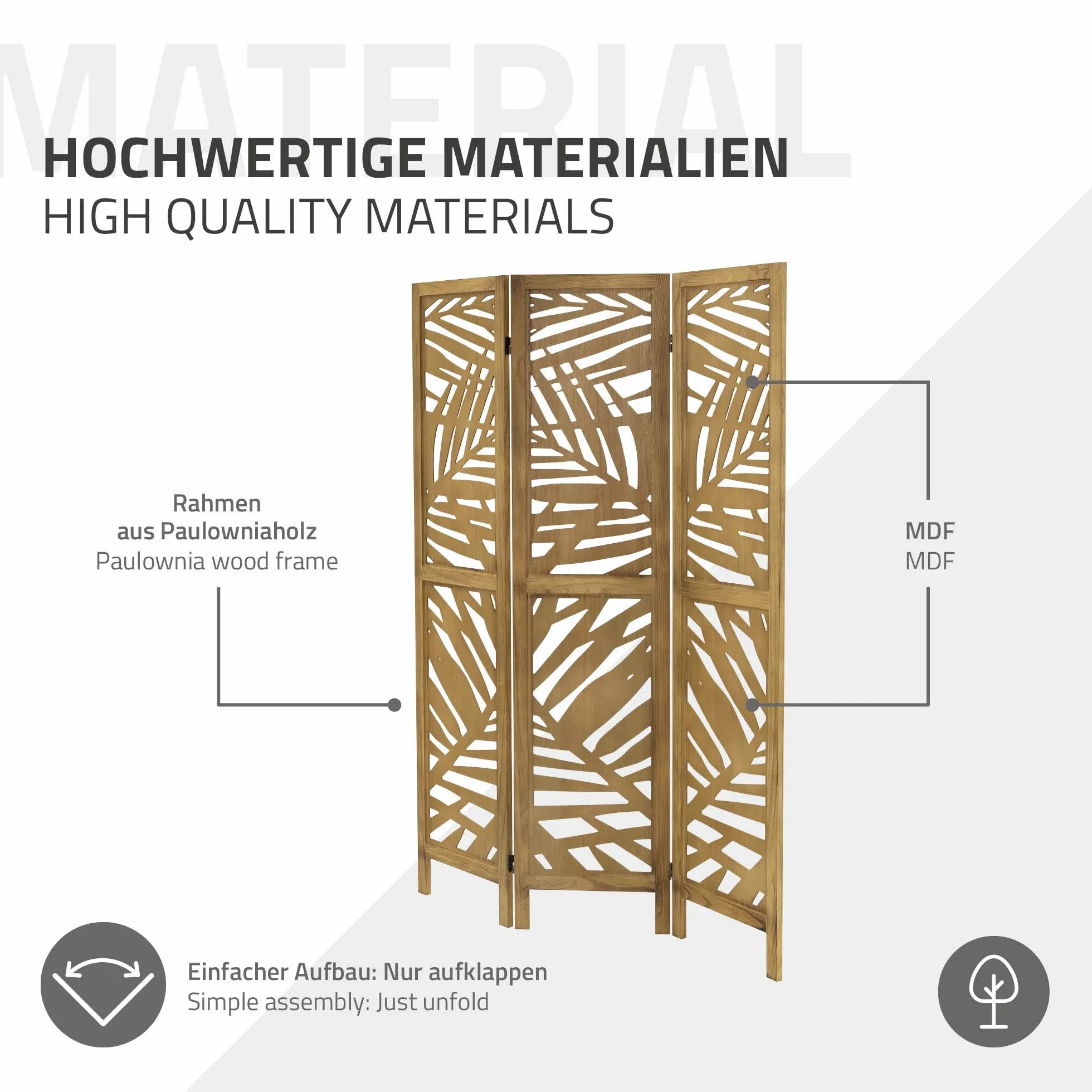 ML-Design Biombo Divisorio de 3 Paneles Modelo Kyoto de Madera Natural 170 x 121 cm, Separador de Ambientes Plegable para Interiores, Mampara Independiente para Vestuarios, Pantalla de Privacidad
