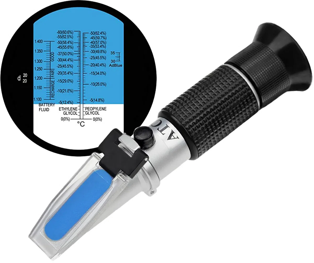 HHTEC Refractómetro Anticongelante 3 en 1 – AdBlue, Batería y Refrigerante – ATC – Medidor Punto de Congelación – Herramienta Automoción