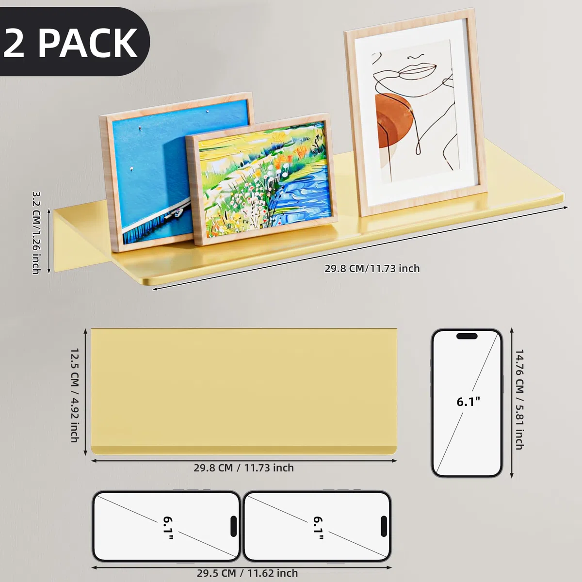 HNVNER Estantes de Pared Juego de 2, Dorado Cepillado, Estanterias Metalicas de Pared Baldas para Salón, Dormitorio, Recibidor, Ducha, Oficina, Estanteria Baño (30 x 12.5 CM)