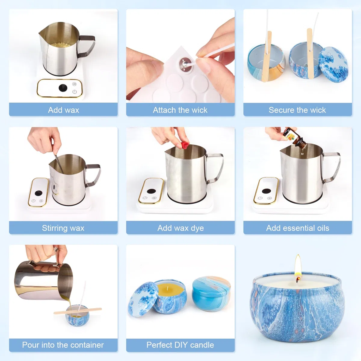 Kit de Fabricación para Velas,Kit para Hacer Velas,Kit Hacer Velas con 480g de Cera de Abeja,9 Frascos para Velas,6 Aceites Esenciales,8 Bloques de Color,Derretidor de Cera para Velas