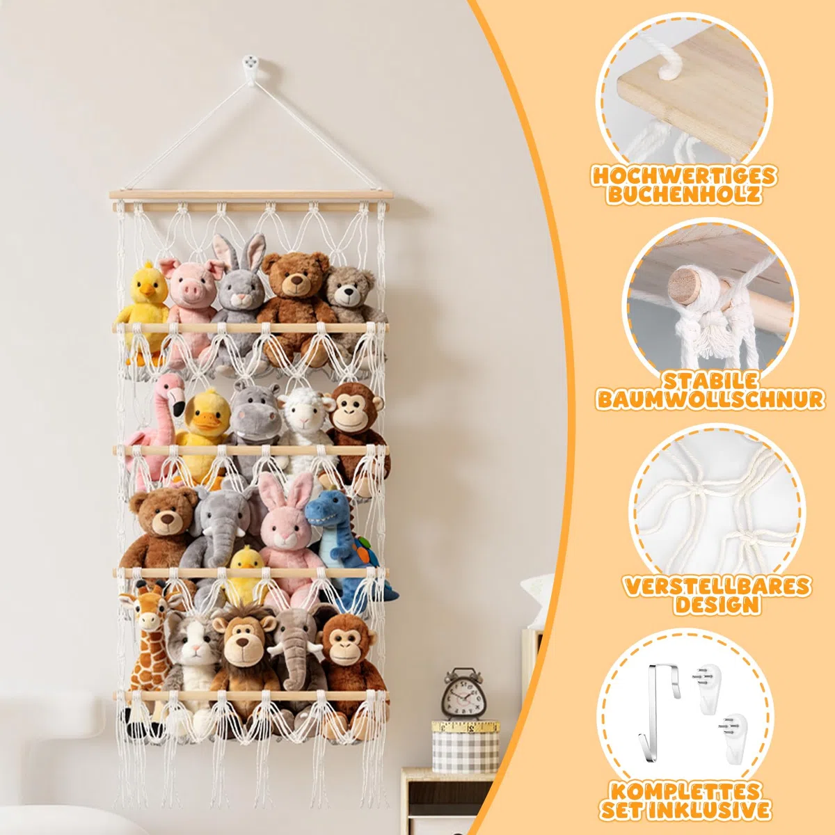 Meetory Red de almacenamiento de 42 cm, 4 pisos, estilo bohemio, macramé, red de peluche, almacenamiento con ganchos para habitación infantil, dormitorio, salón