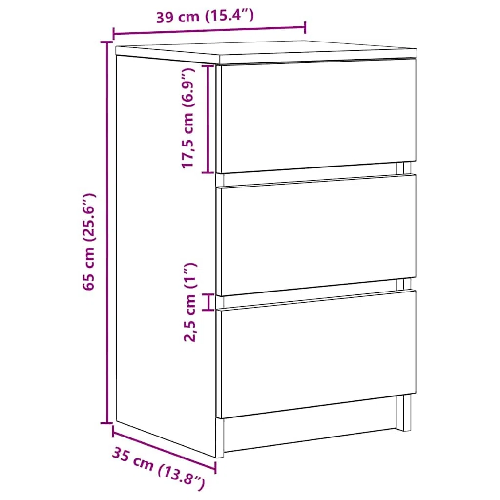 vidaXL Mesilla de Noche con 3 cajones Roble Sonoma 39x35x65 cm, mesilla de Noche, mesita Auxiliar para Dormitorio, Muebles de Dormitorio