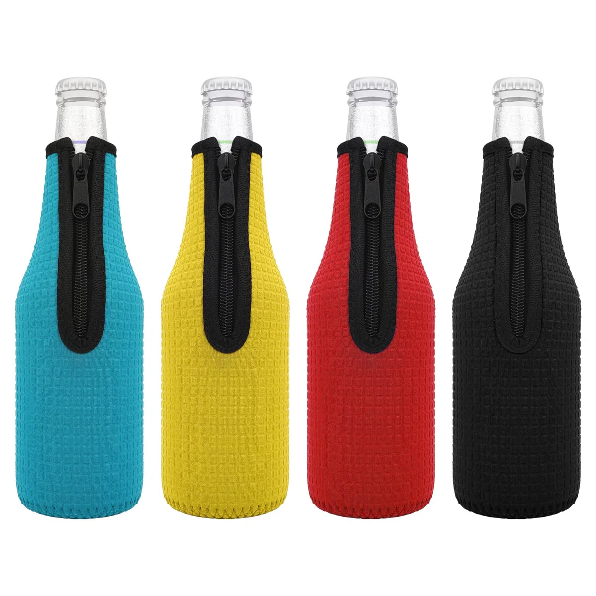 Linkidea Paquete de 4 enfriadores de vidrio para botellas de cerveza de 12 onzas, aislantes de neopreno grueso antideslizante, fundas para botellas de cerveza con cremallera (negro/azul/rojo/amarillo)
