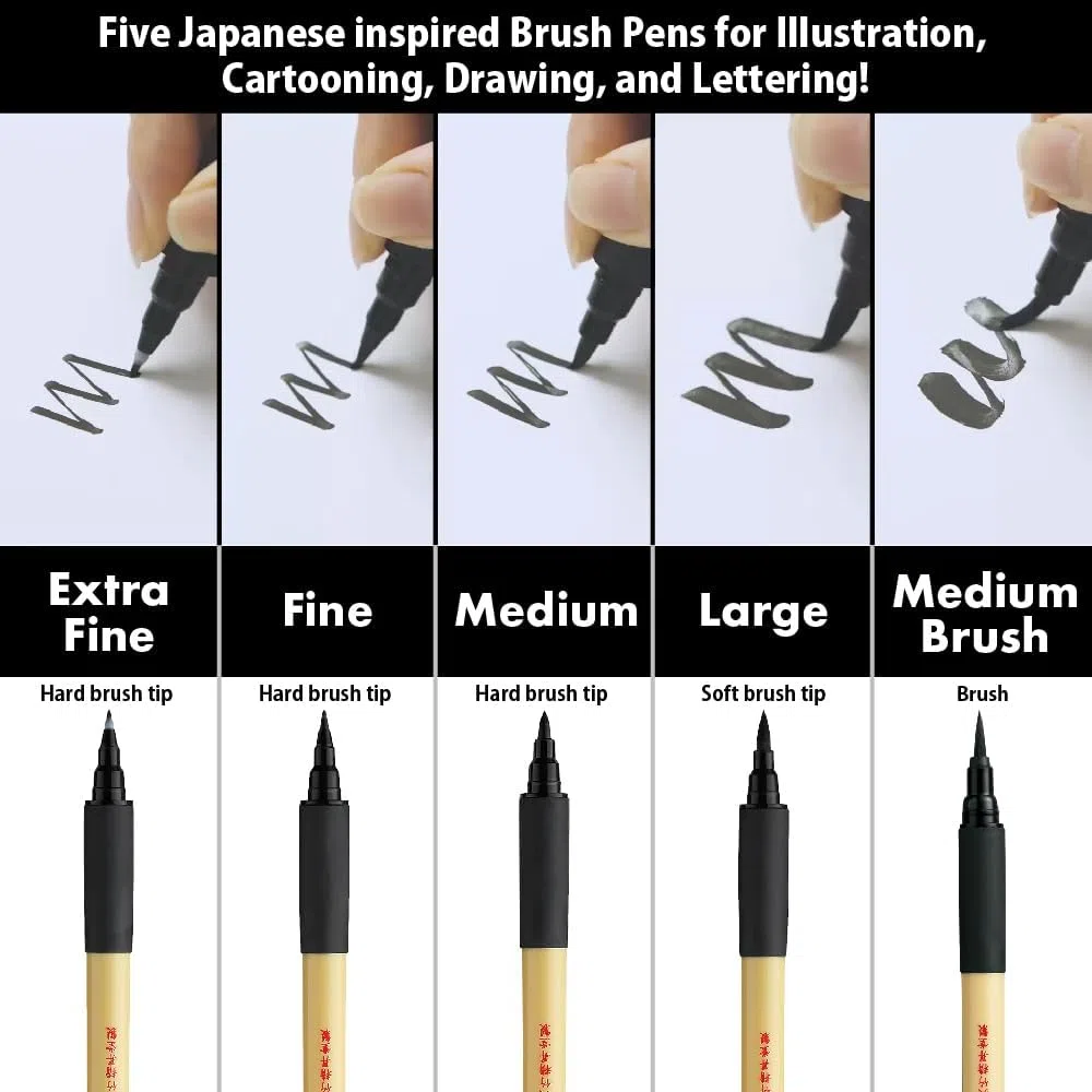 Kuretake Bimoji Rotulador Pincel, Extra Fino, Fino, Medio, Ancho, Medio/Cerdas, Juego de Valor de 5