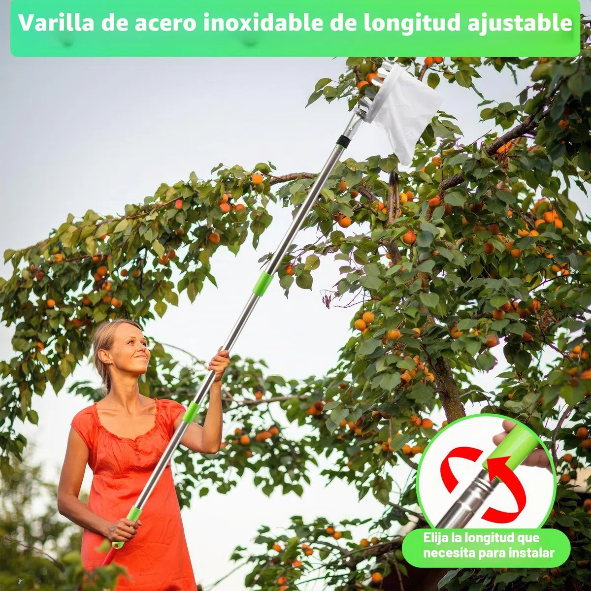 KOMABLEN 4M Recoge Frutas Telescopico, Recogedor de Frutas acero Inoxidable Ligero y bolsa de tela, Recogedor Recolector de Frutas para Manzanas, Naranjas, Peras, cítricos