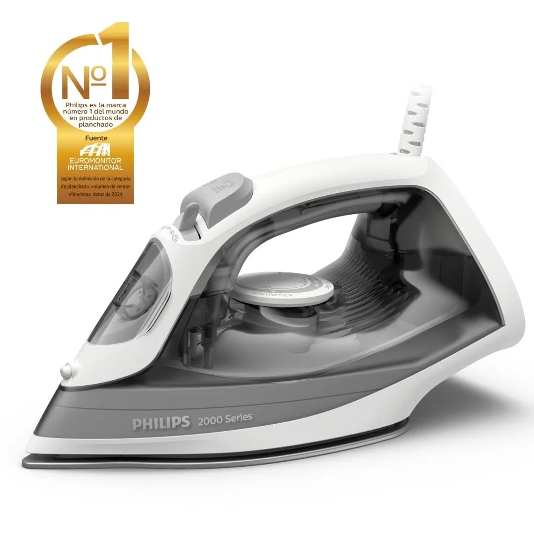 Philips Plancha de vapor Serie 2000 - Hasta 25 g/min de vapor continuo. 2000 W. Depósito de 250 ml. Eliminación rápida de arrugas. 4 ajustes de vapor. Suela de cerámica. Ligera. Gris (DST2020/80)