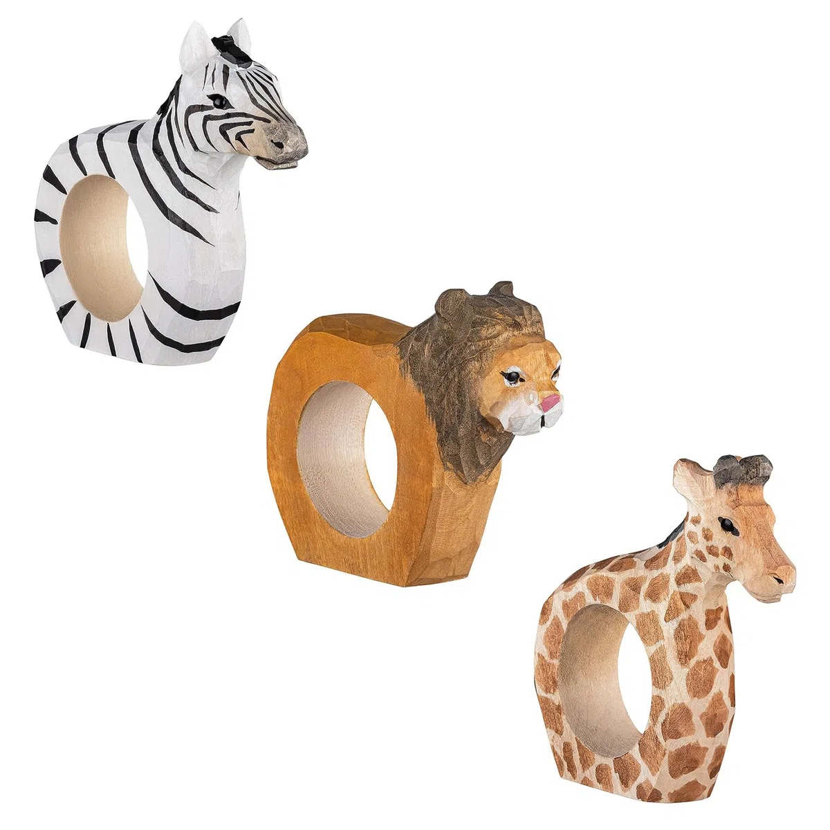 Juego de 3 Servilleteros, Mundo Animal de África: León, Cebra y Jirafa. Tallados y Pintados a Mano en Madera, Aprox. 9 x 7 x 2 cm