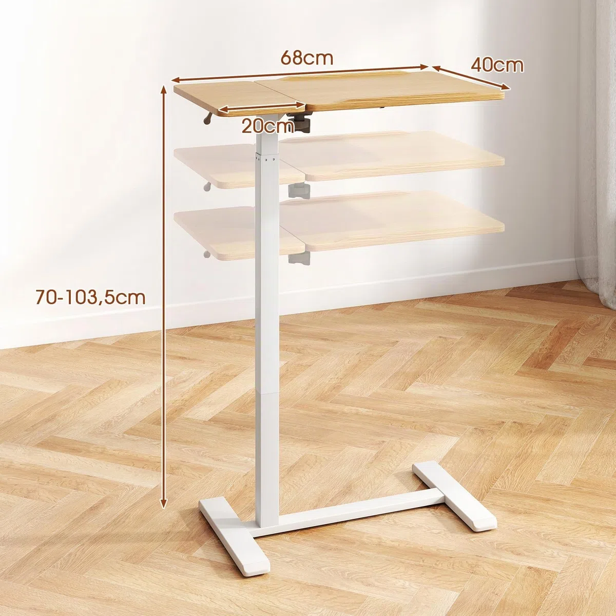 COSTWAY Mesa Auxiliar con Ruedas, Tablero Inclinable y Topes Dobles, Altura Ajustable, Mesita en Forma de C para Sofa Cama Salon Dormitorio Hospital, 68 x 49 x 70-103.5 cm, Natural