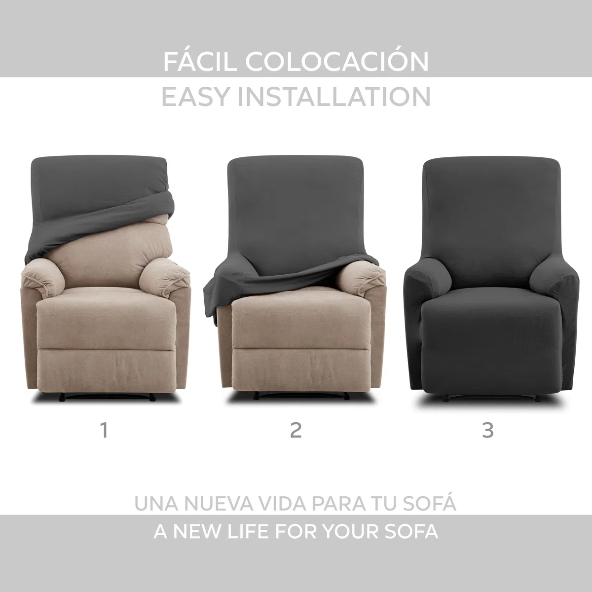 Textilhome Funda Sillón Relax Reclinable Elástica TEIDE, 1 Plaza de 70 a 100 cm, Protector Universal Ajustable con Espuma Antideslizante, Color Gris, Lavable y Resistente.