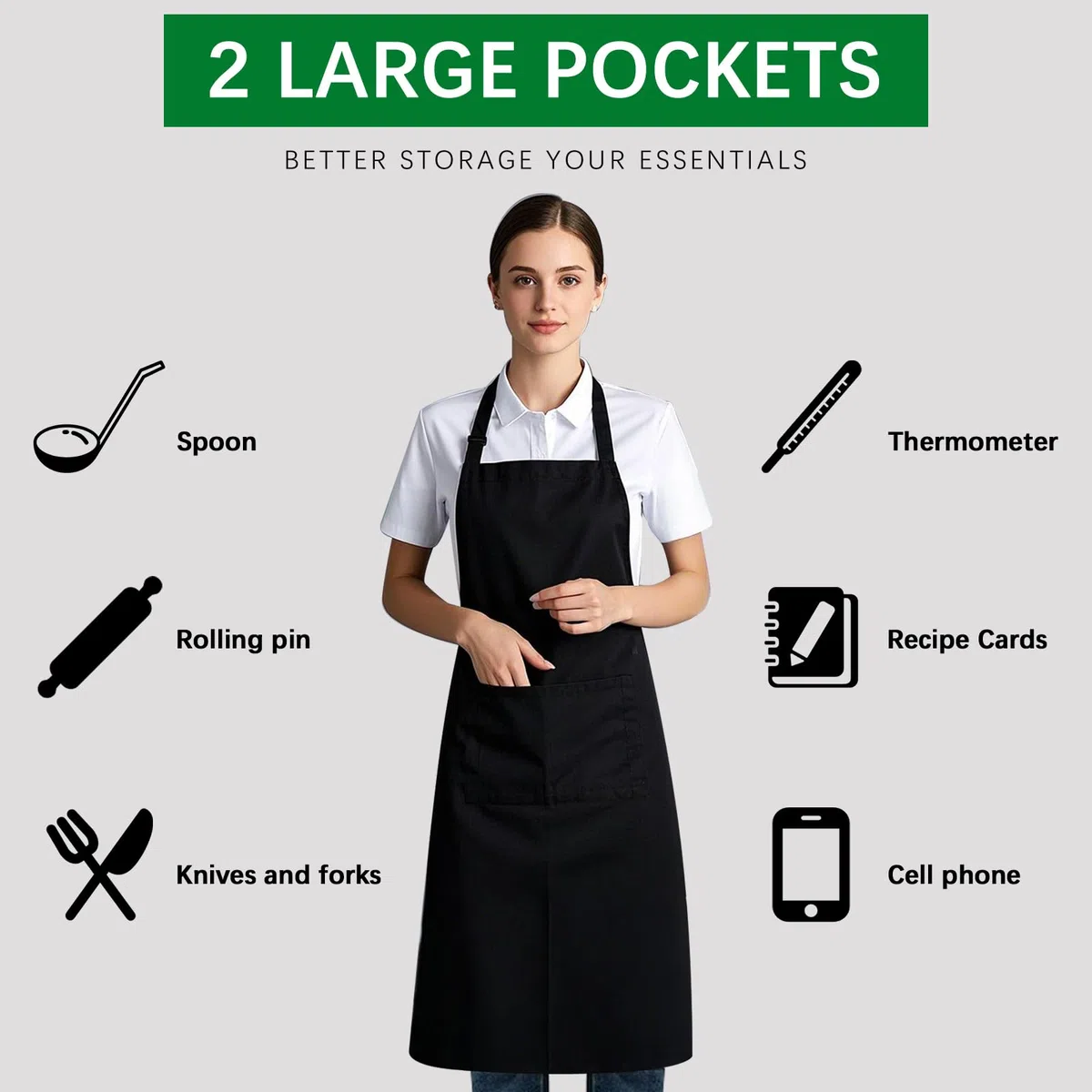 Delantales unisex negros con 2 bolsillos, para cocinar, cocinar, barbacoa, dibujo, 10 unidades, color negro
