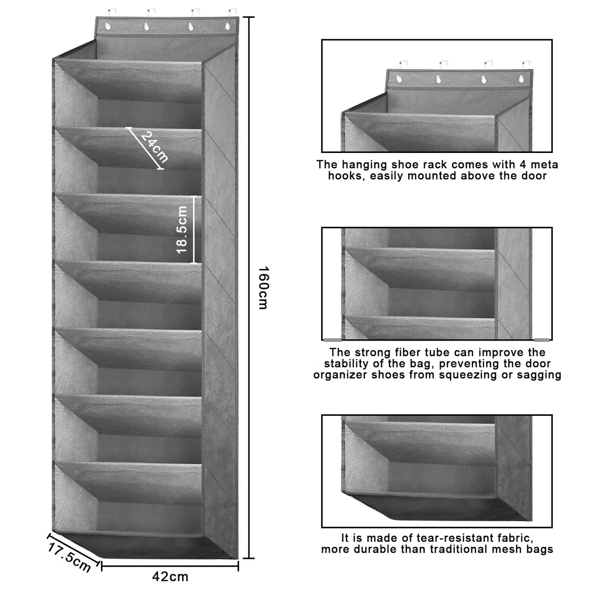 Zapatero para puerta, zapatero colgante, organizador de zapatos, puerta con 8 bolsillos profundos, se adapta a 20 pares de zapatos (gris)