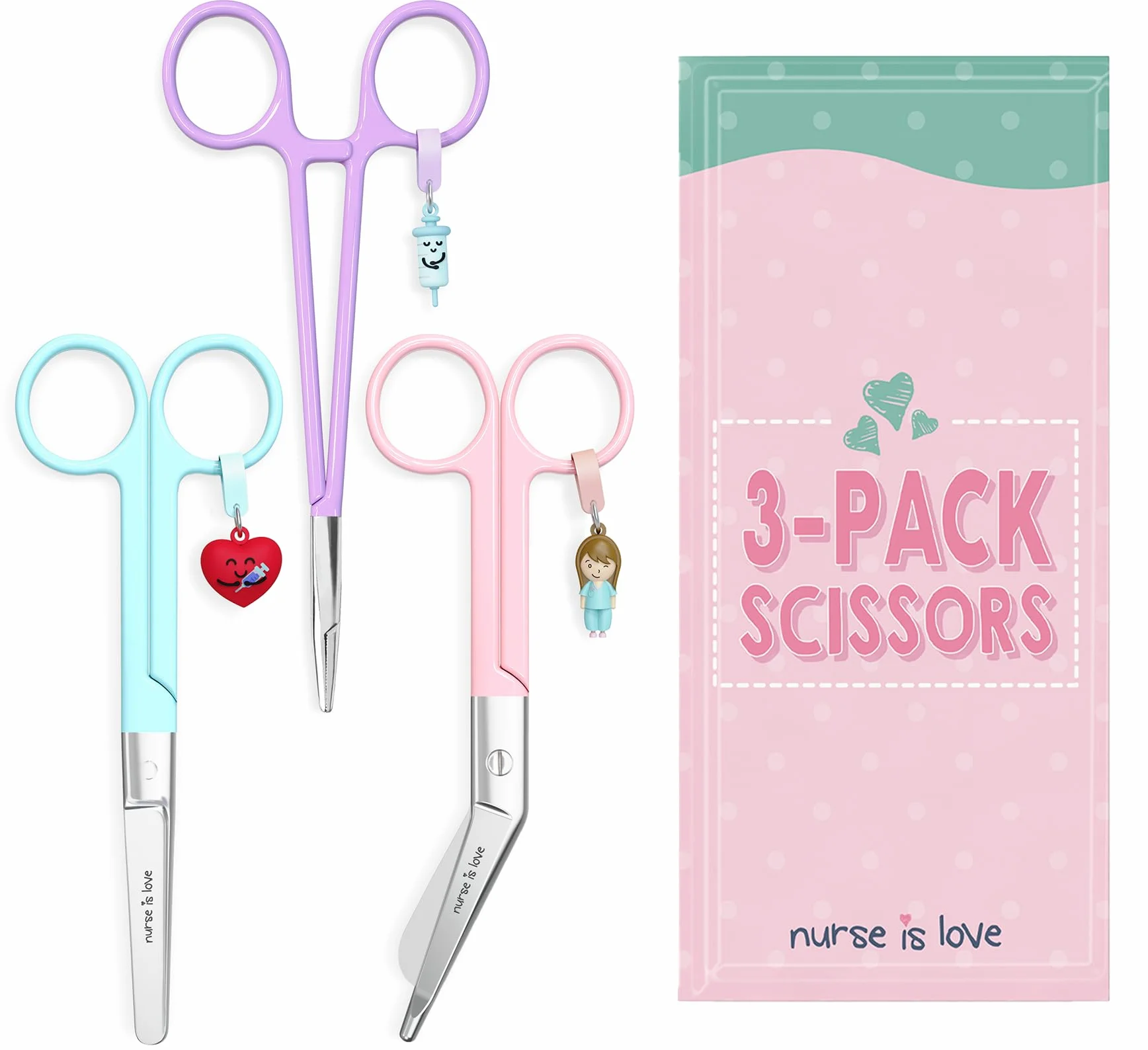Nurse is Love Set 3uds Tijeras Enfermería Pico de Pato & Rectas Mayo + Herramienta de Sujeción | Tijeras Punta Roma Vendaje, Accesorios Enfermera, Primeros Auxilios, Auxiliar de Enfermería Multicolor