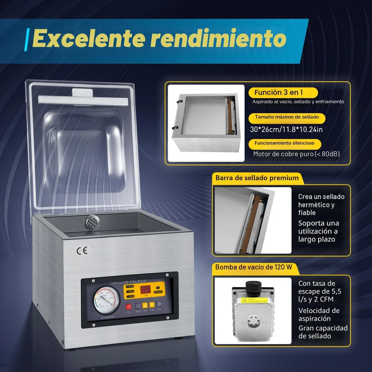 Envasadora al vacío de cámara de 220 V, 120 W, 5,5 litros/s, de acero inoxidable, para alimentos, 3 en 1, multifuncional, mesa profesional para alimentos secos y húmedos, OT-6313