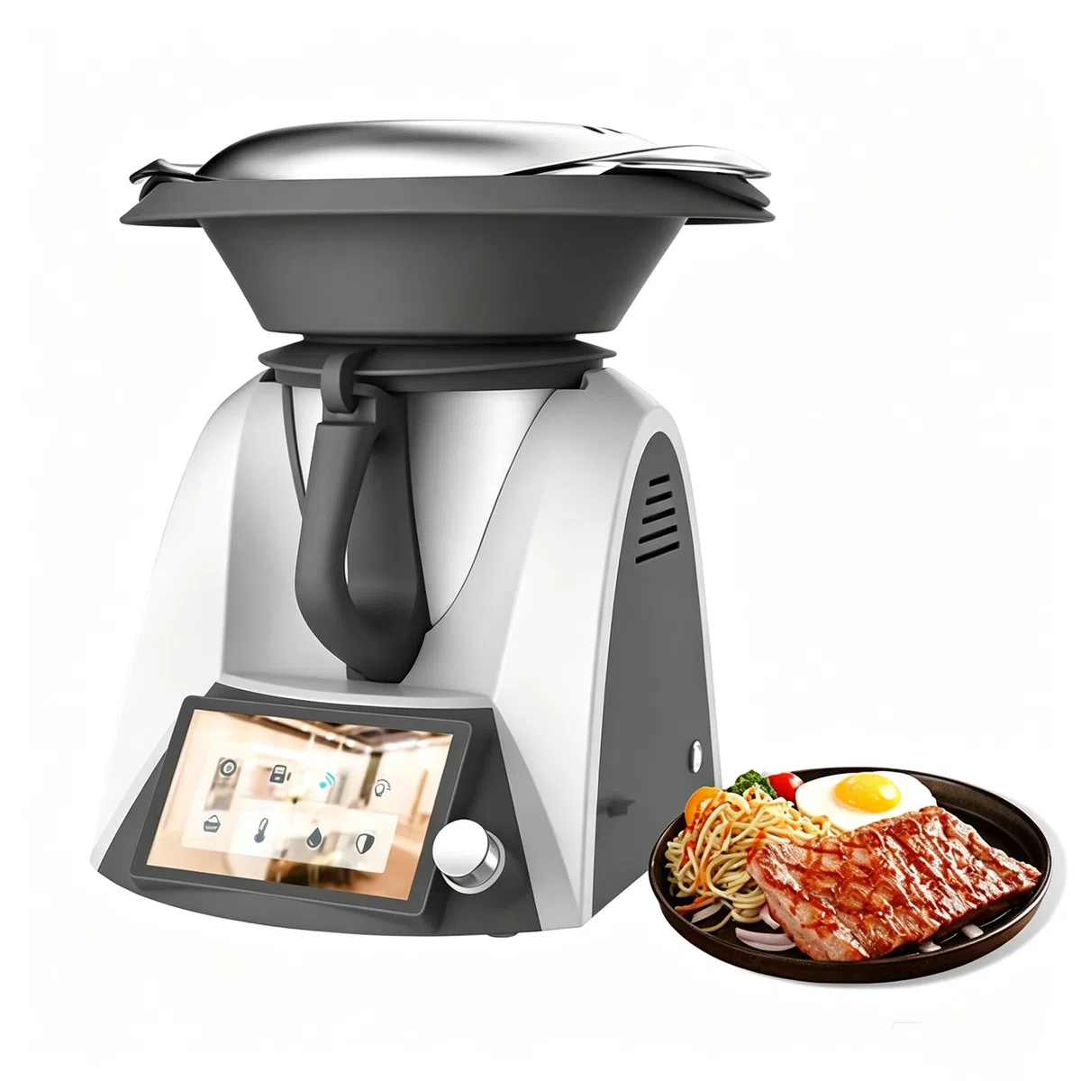 Robot de Cocina Inteligente Thermomixer Eléctrico, Máquina de Cocina Automática de 1500W con Pantalla Táctil WiFi de 7 Pulgadas, Cuenco de Mezcla de 2L y Vaporizador de 3L