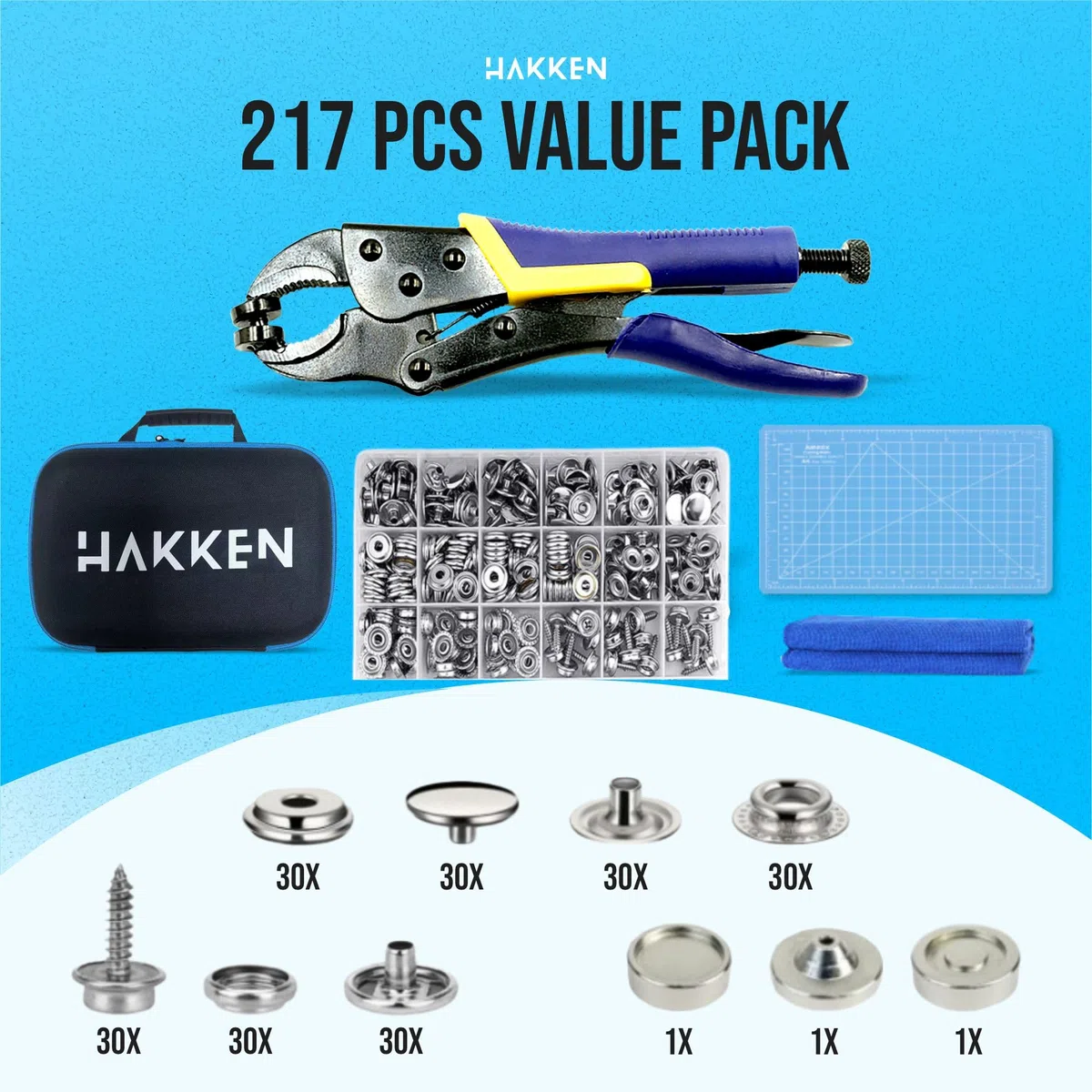 HAKKEN Herramienta de cierre a presión resistente ajustable con 3 troqueles magnéticos y 210 broches, broches de acero inoxidable de 15 mm, para cubierta de barco, reemplazo de broches de metal