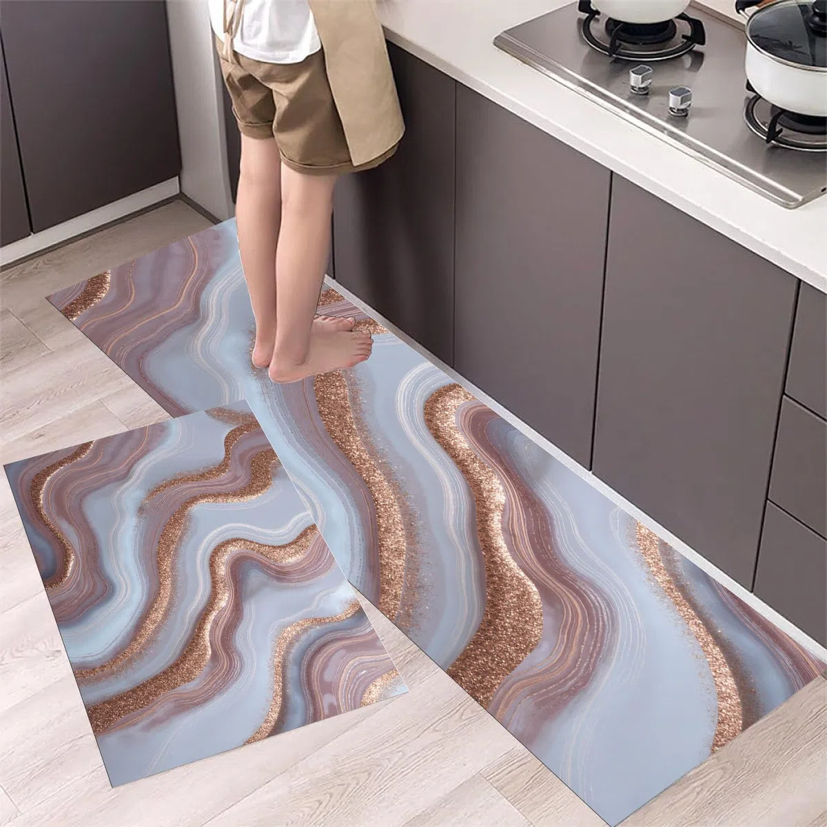 Juego De Alfombras De Cocina Patrón De Ágata Oro Rosa Antideslizantes De 2 Piezas, Alfombra De Cocinas Lujo Moderno para Piso, Impermeable para Aceite Cocina, Baño, 40x60cm+40x120cm