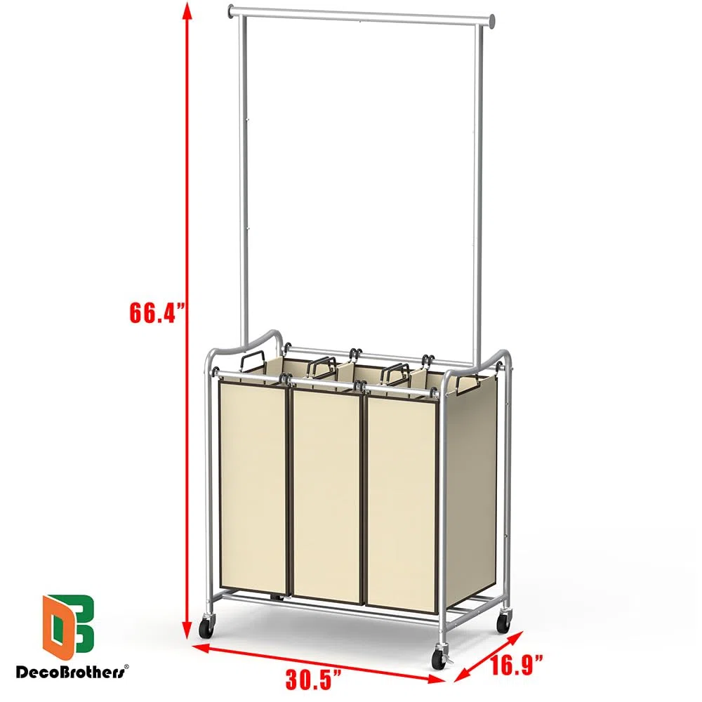 DecoBros - Carrito clasificador de ropa sucia de 3 bolsas con barra para colgar