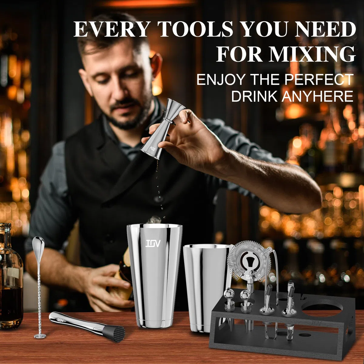 IOV Juego de coctelera: 12 piezas de mezclología para barman | 16 onzas y 28 onzas Boston Shaker herramientas de mezcla de bebidas para el hogar con folleto de recetas y soporte, divertido regalo de