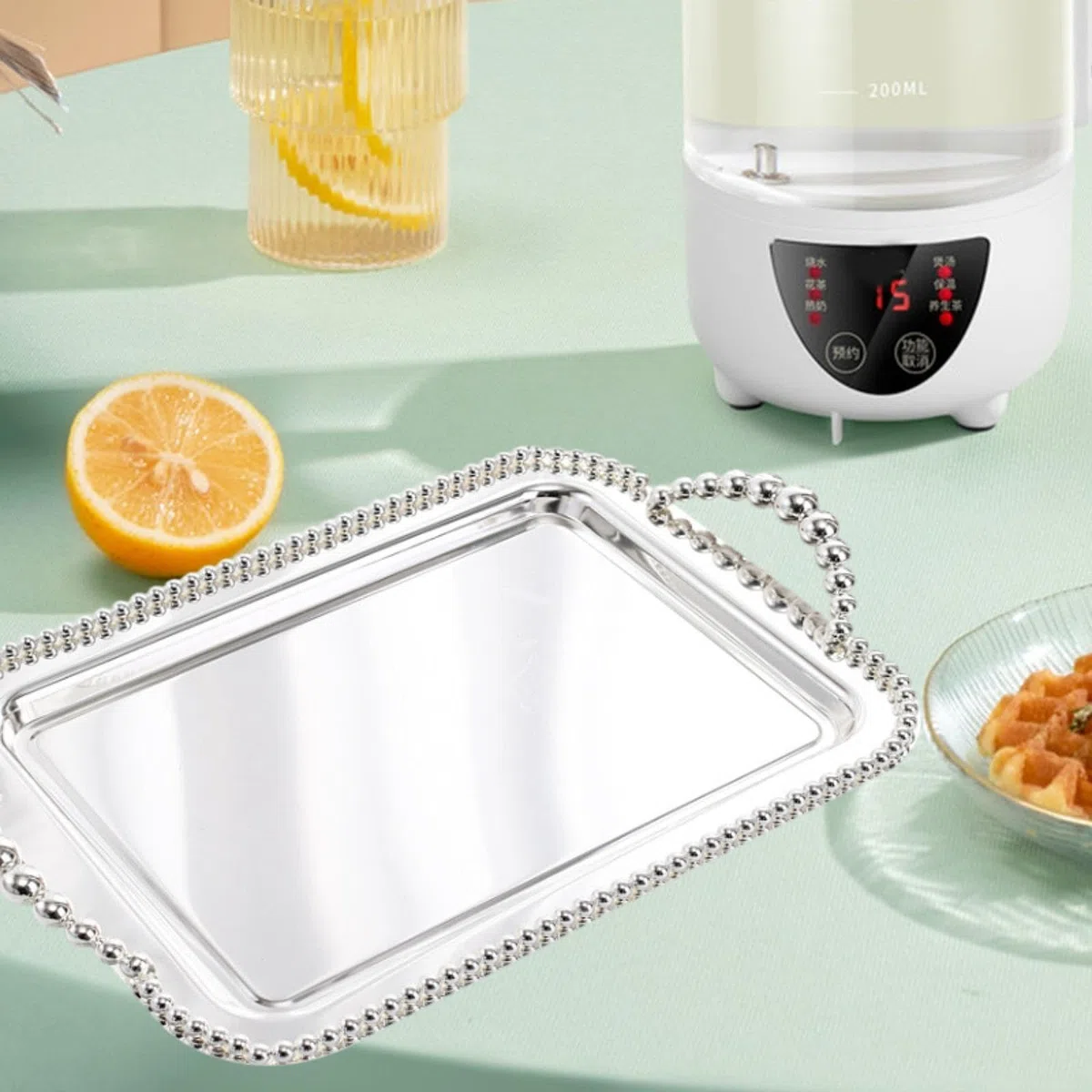 Bandeja Rectangular para Servir, Bandeja Decorativa, Elegante Bandeja para Taza de Té, Bandeja para Postres, Bandeja para Joyas, Bandeja para Alimento, Argén, Individual