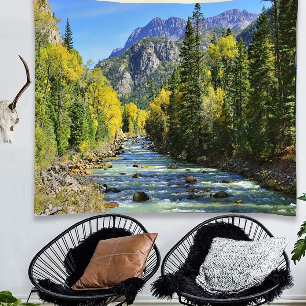 YISURE Tapiz de pared de bosque de montaña corriente, paisaje de la naturaleza pintoresca verde pino árbol de pared Tapices 274 x 208 cm para dormitorio sala de estar