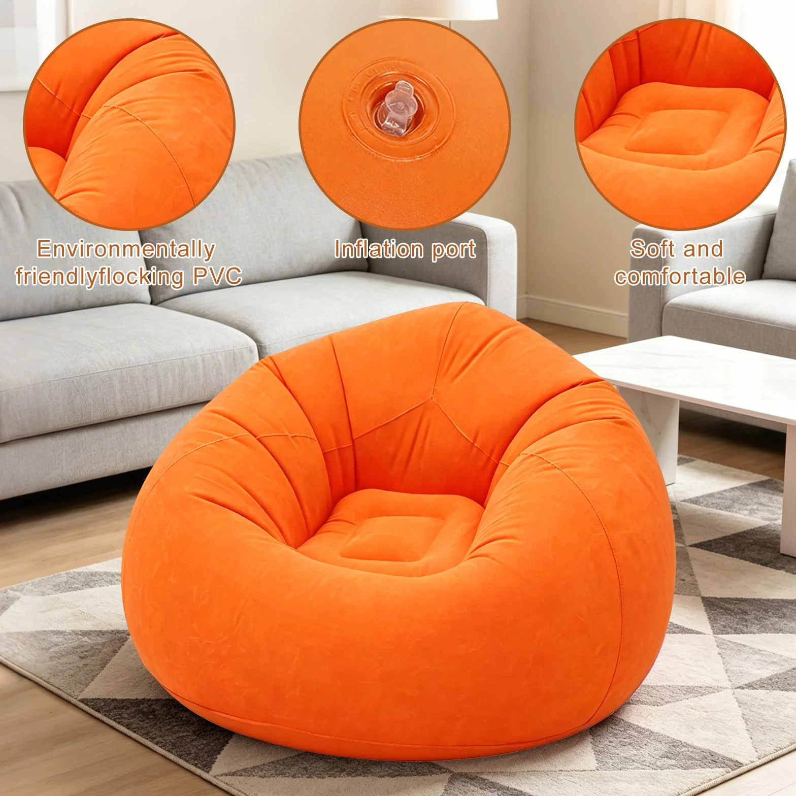 FARYODI Sofá hinchable, sillón hinchable, 105 x 105 x 60 cm, ultrasuave, sin relleno de frijoles, inflable rápido y portátil para salón, jardín, camping (naranja)