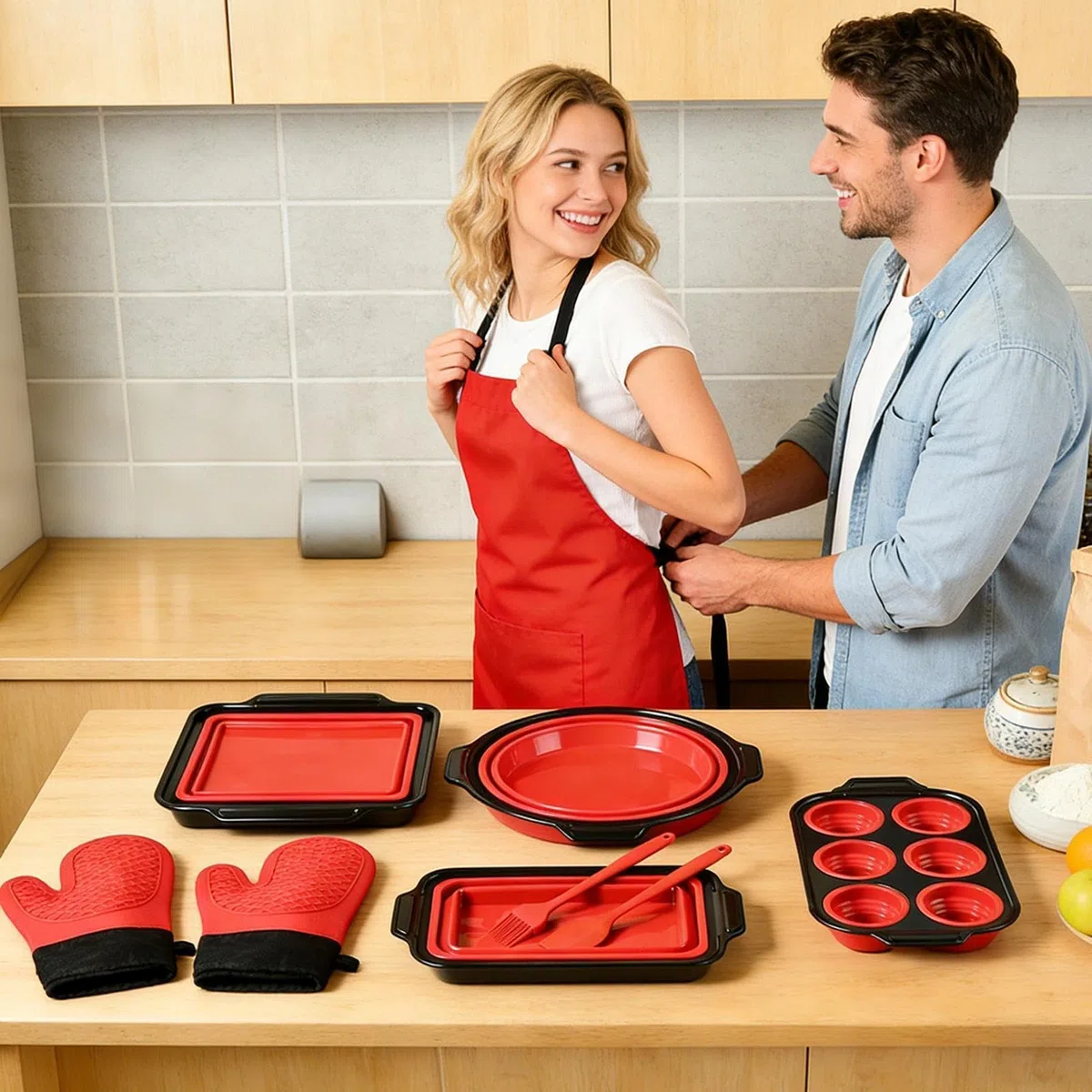 Juego de Moldes de Silicona para Hornear Apilable y Flexible | con Guante, Rasqueta y Cepillo Set Antiadherente para Hornear Para pan, galletas, huevos, horno, tostadora