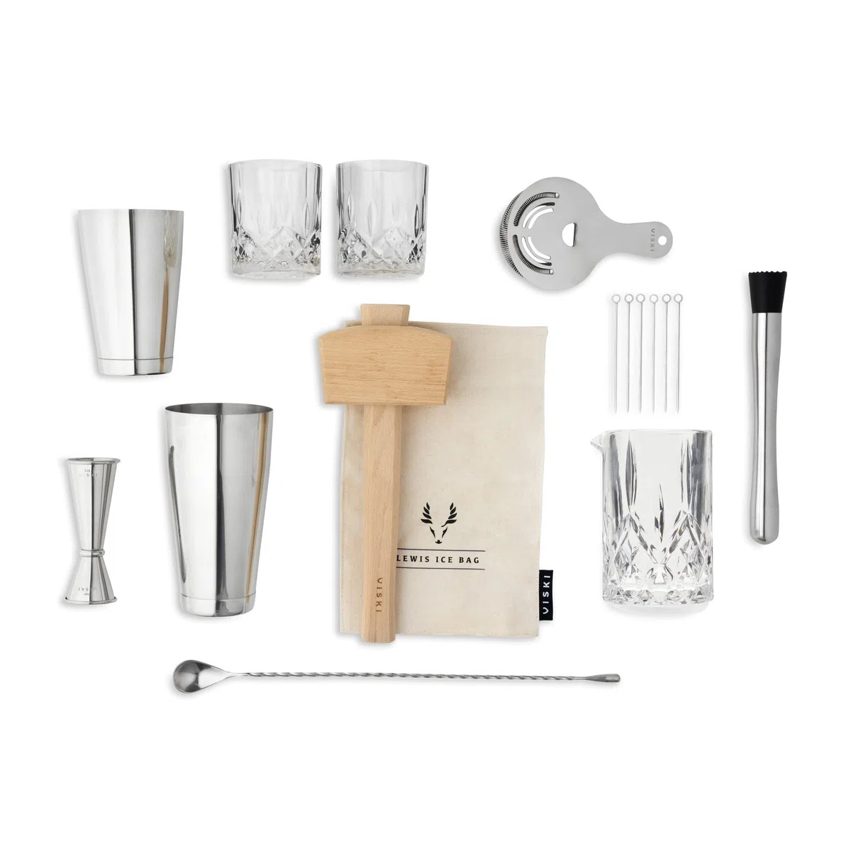 Viski El kit de camarero y el juego de utensilios de bar incluye coctelera Boston, vaso mezclador, medidor, mortero, colador, cuchara de bar, vasos de whisky, bolsa de hielo, mazo y palillos de cóctel