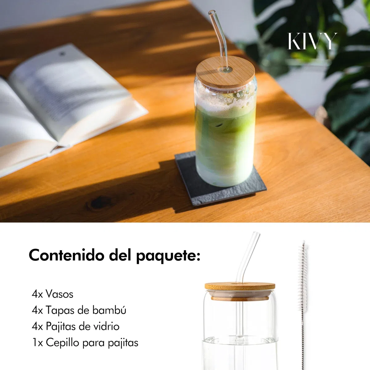 KIVY Set de Vasos de Cristal con Pajita y Tapa de Bambú [4x 450ml] - Vasos de Agua, Café & Matcha - Set de Vasos Longdrink - Vaso Café - Vasos Altos para Cóctel - Sin BPA