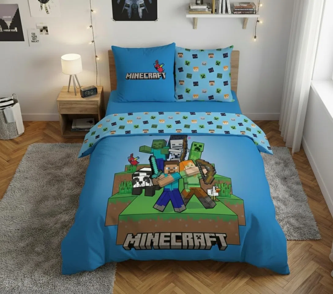 Minecraft Ready to Survive Funda Nórdica Cama 150 240x220 + 2 Fundas 63x63 | Ropa de cama 2 personas reversible | Microfibra secado rápido | Steve Alex Mobs licencia oficial | Regalo | Idea regalo