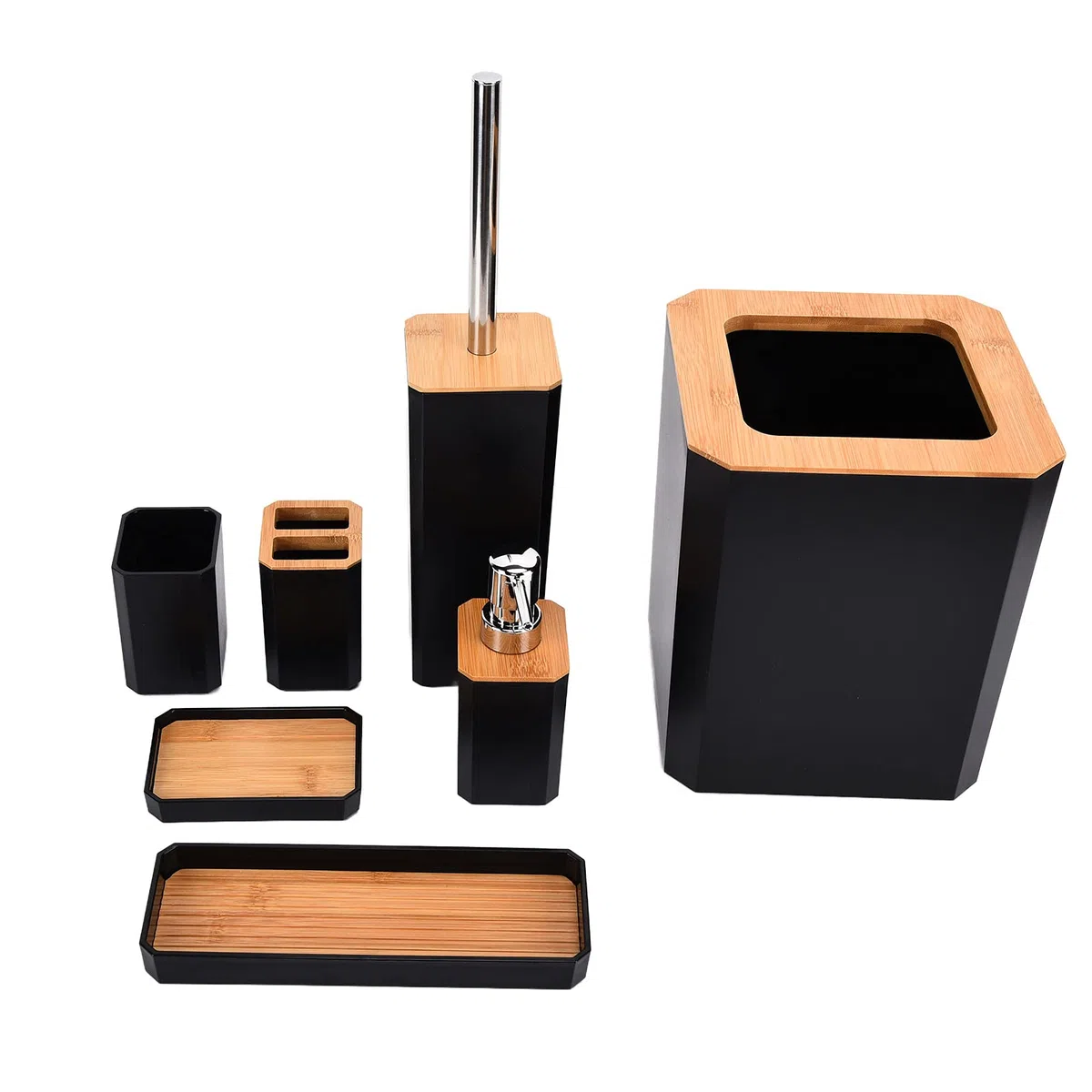 Aramox Juego de Accesorios de Baño de bambú Juego de Baño de 7 Piezas con Caja de ABS Soporte para Cepillo de Dientes Escobilla de Papelera y Bandeja para el del Hotel en Casa (Black)